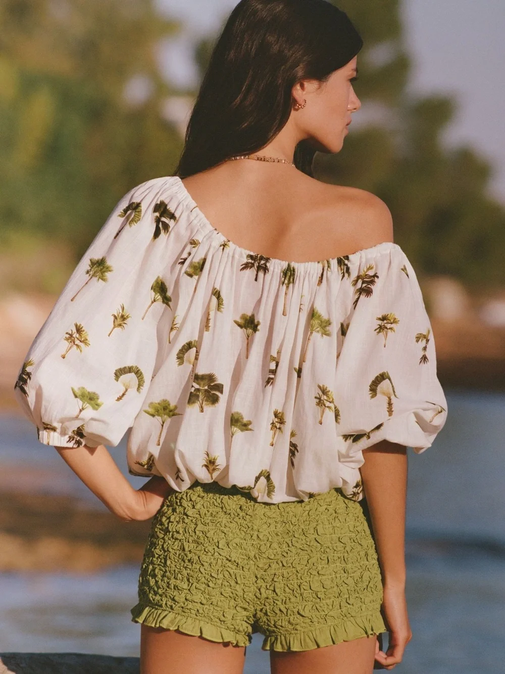 NWT! Celandine Anthropologie Green Palm Print Puff Sleeve Bubble Blouse Size S